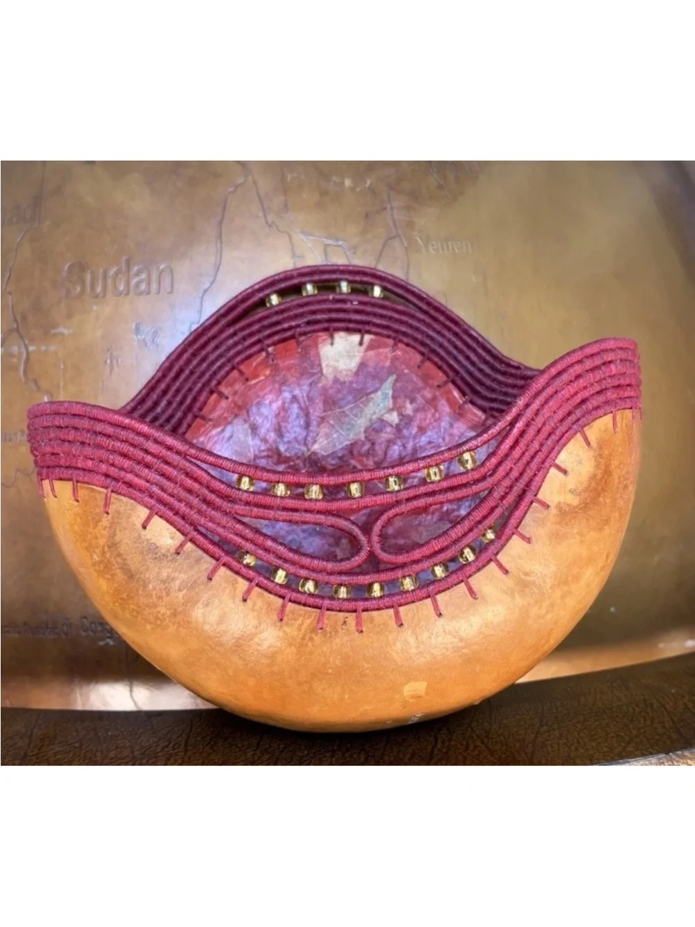 Judy Zeigler Handmade Gourd Artisan Basket Red Brown Hand Painted Beads